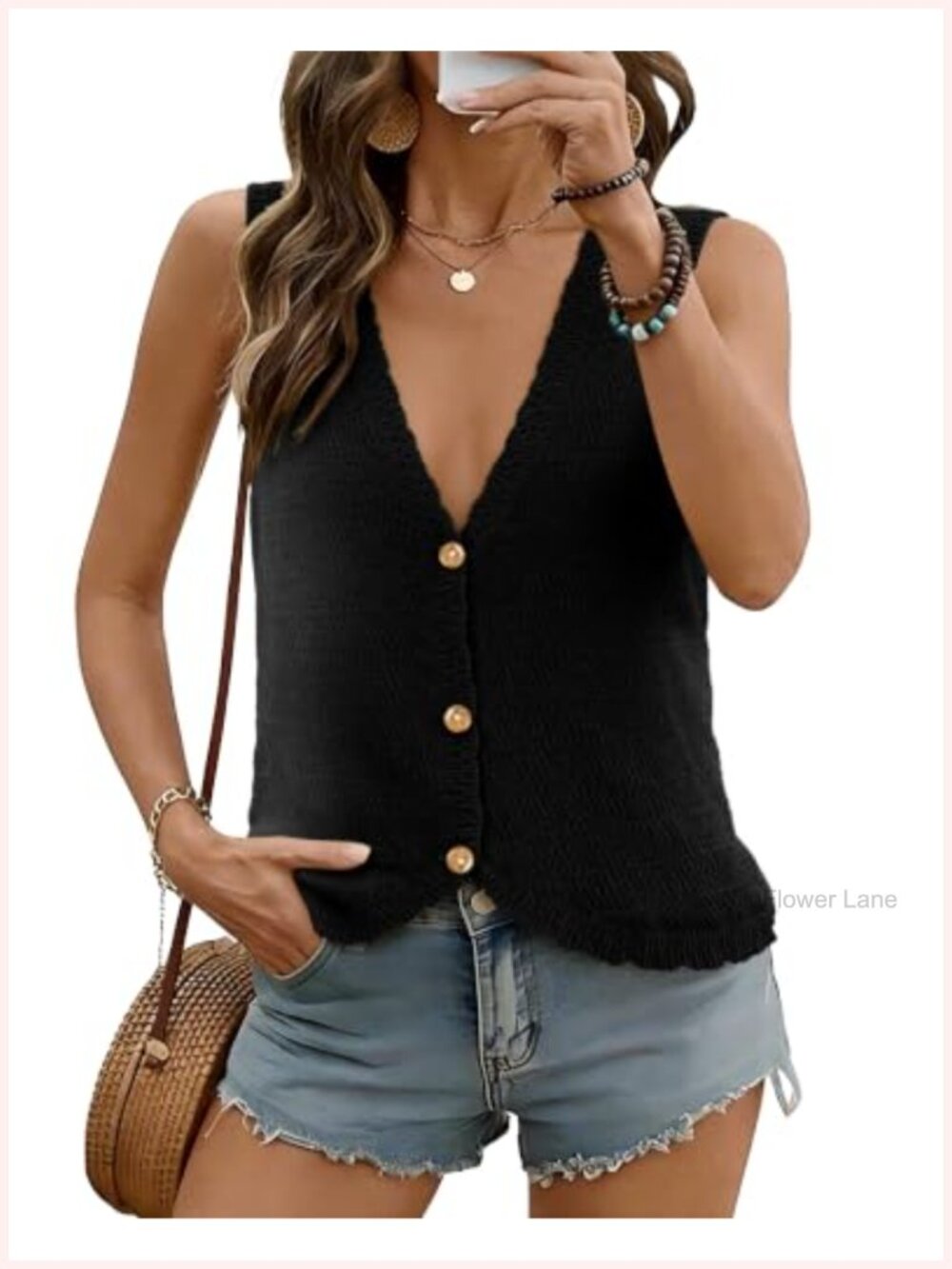 Crochet Vest Top Sleeveless V-Neck Button Down Knit Sweater Vest Summer Beach